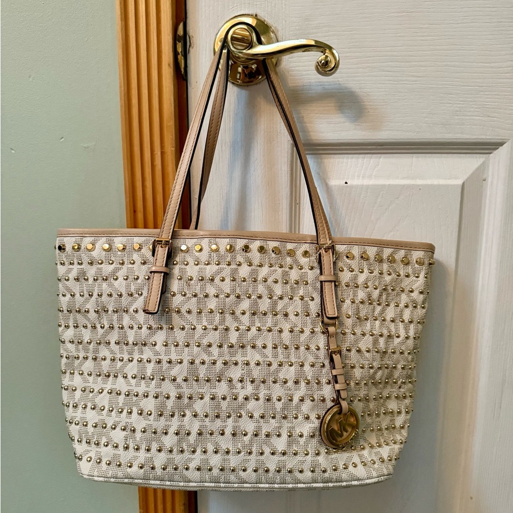 Michael Kors Jet Set Tote Gold Studded MK Monogram Beige Large Shoulder Bag